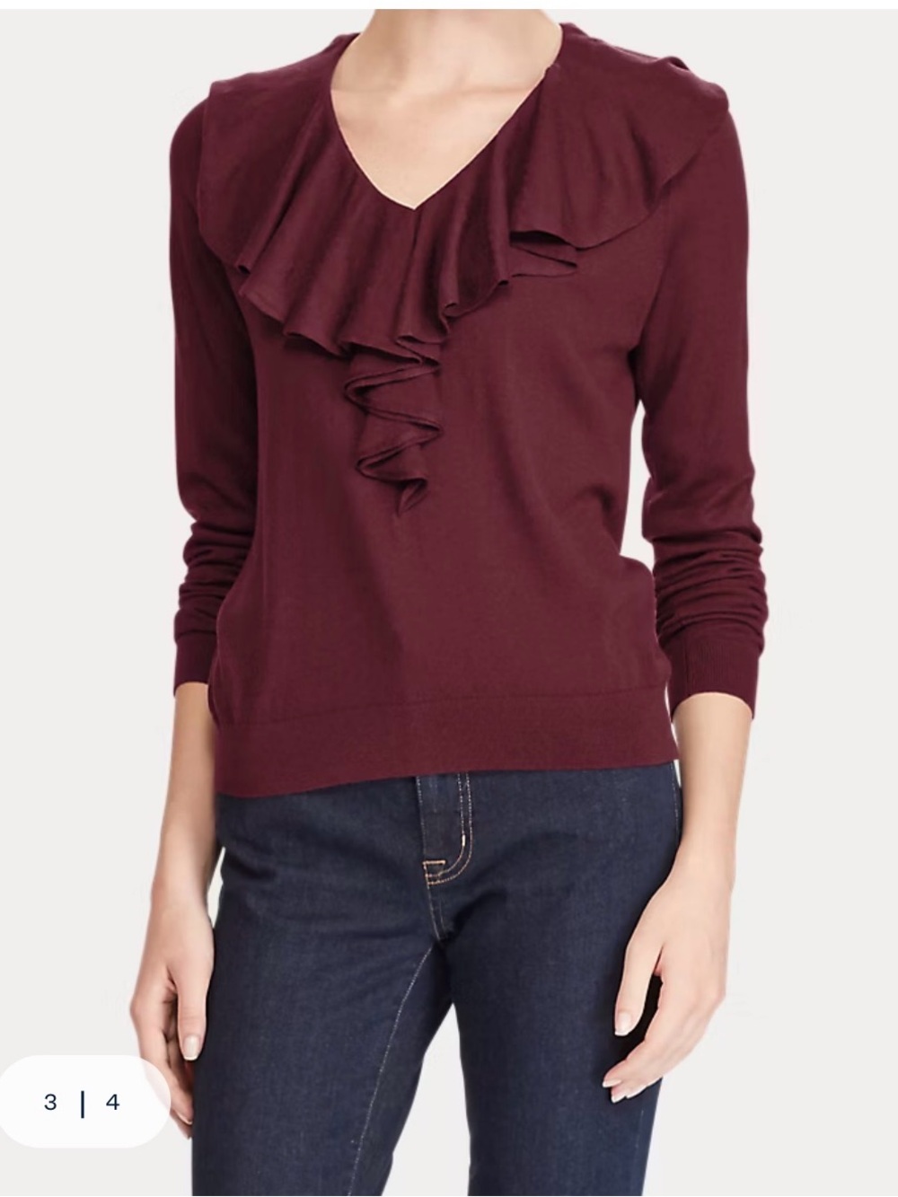 Lauren Ralph Lauren Womens Silk Blend Burgundy Ruffle V-Neck Sweater Sz L Pet